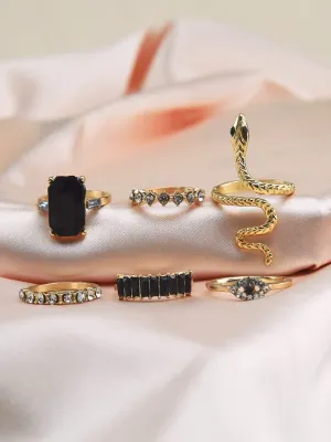 6 Pcs Black Stone Work Snake Finger Ring Set 